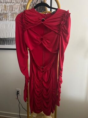 Fashion Nova Red Long-Sleeve Cutout Ruched Midi Dress